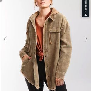 Buckle hooded corduroy shacket